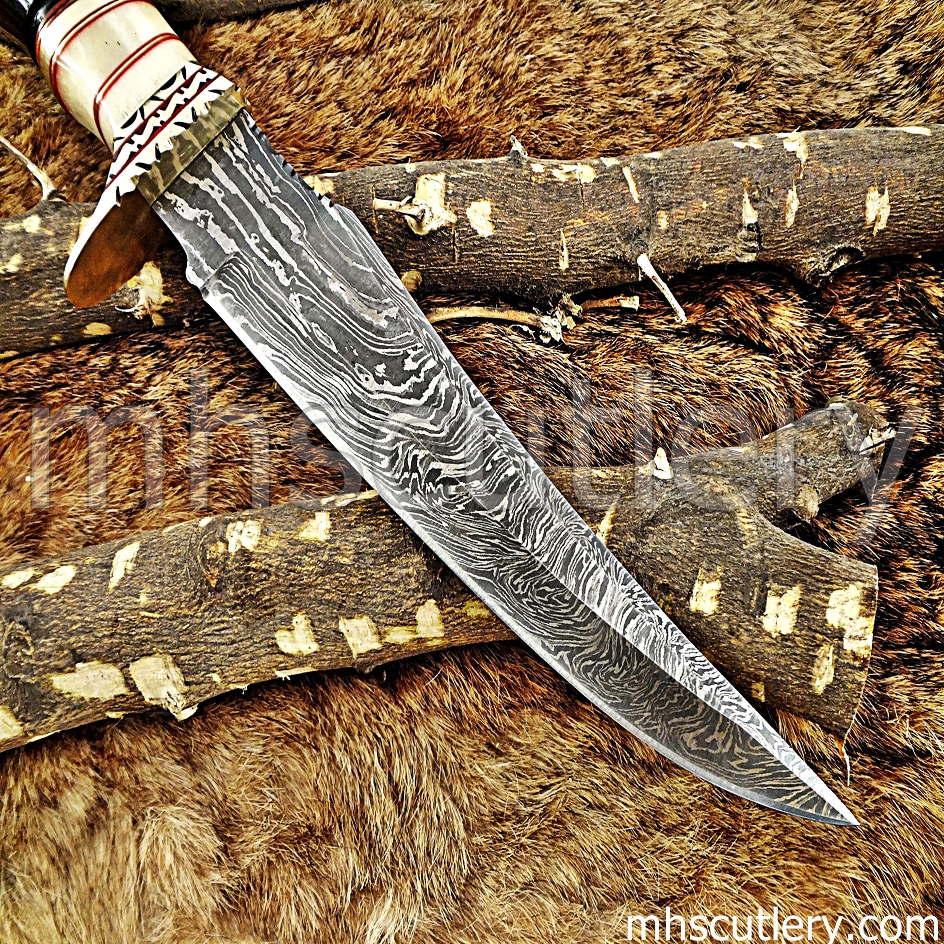 Damascus Steel Hunting Bowie Knife / Natural Handle | mhscutlery