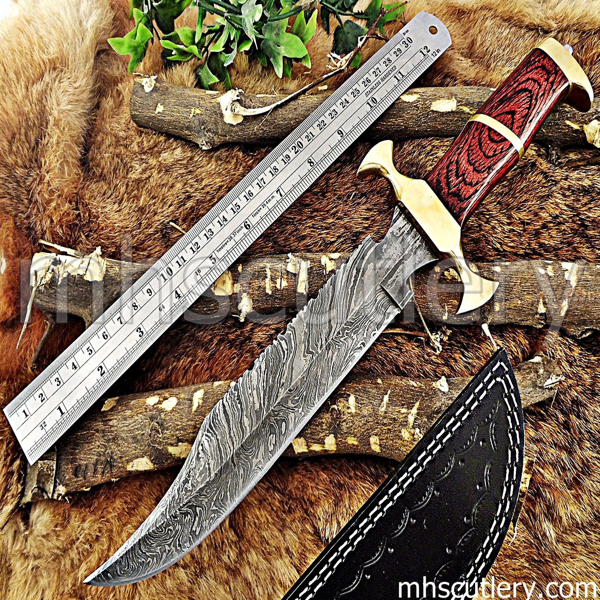 Damascus Steel Bowie Knife / Red Handle | mhscutlery