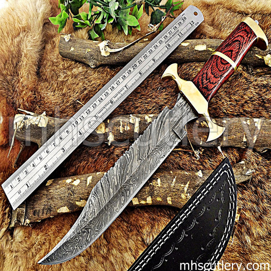 Damascus Steel Bowie Knife / Red Handle | mhscutlery