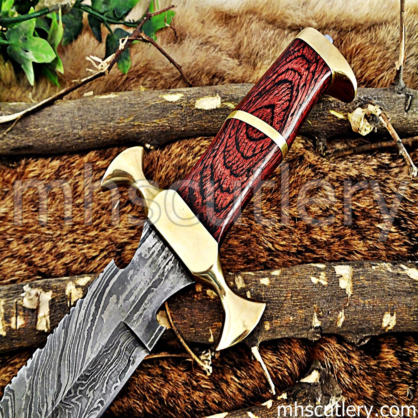 Damascus Steel Bowie Knife / Red Handle | mhscutlery