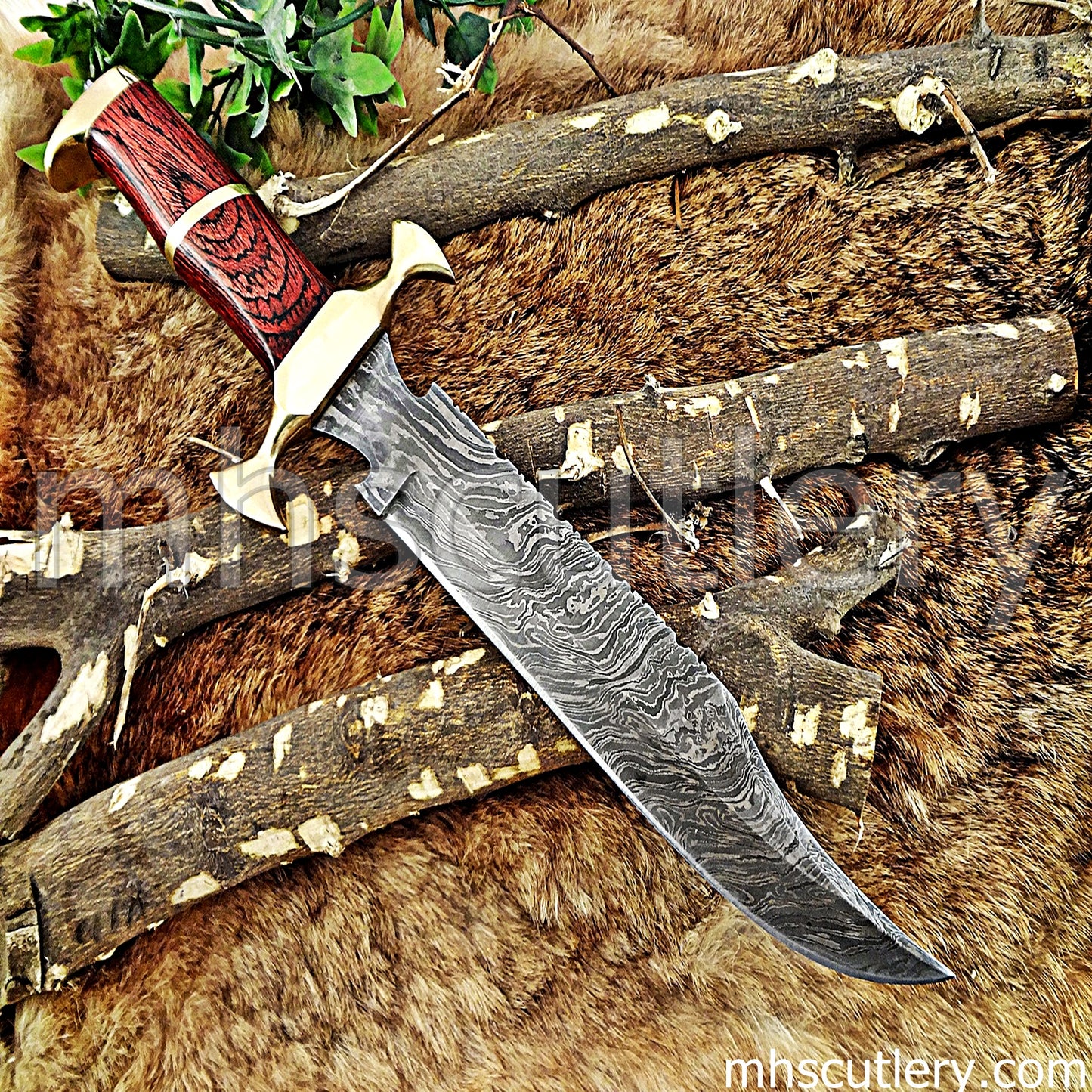 Damascus Steel Bowie Knife / Red Handle | mhscutlery