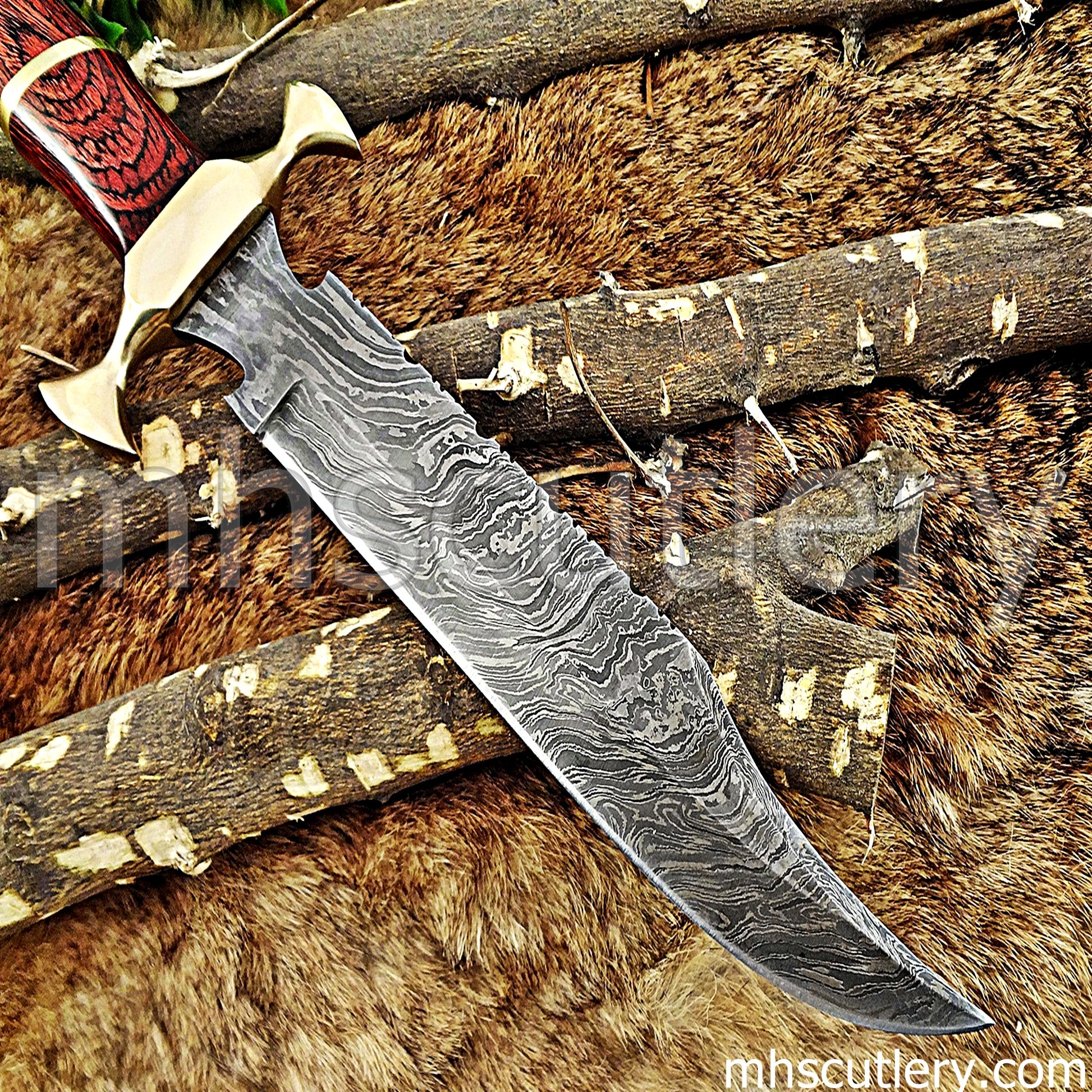 Damascus Steel Bowie Knife / Red Handle | mhscutlery