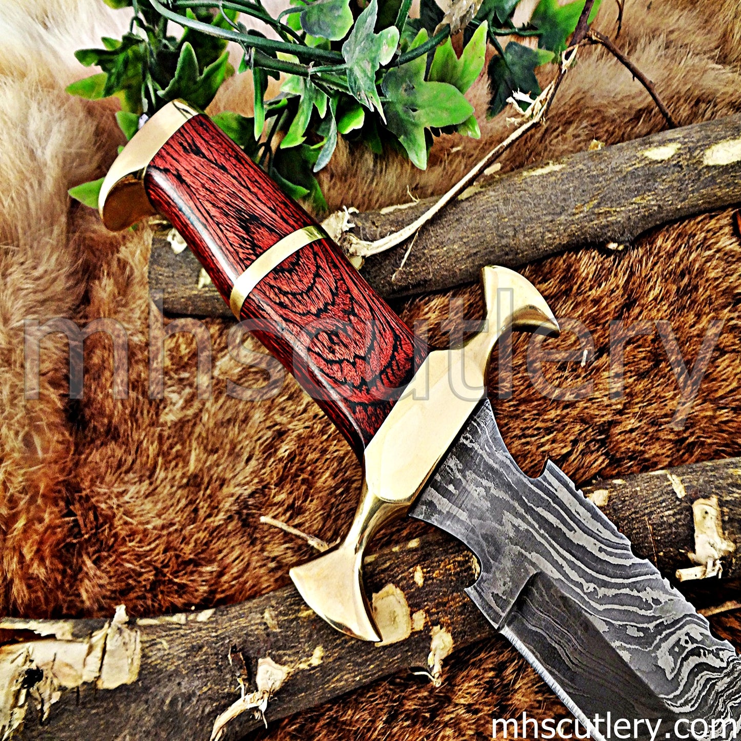 Damascus Steel Bowie Knife / Red Handle | mhscutlery