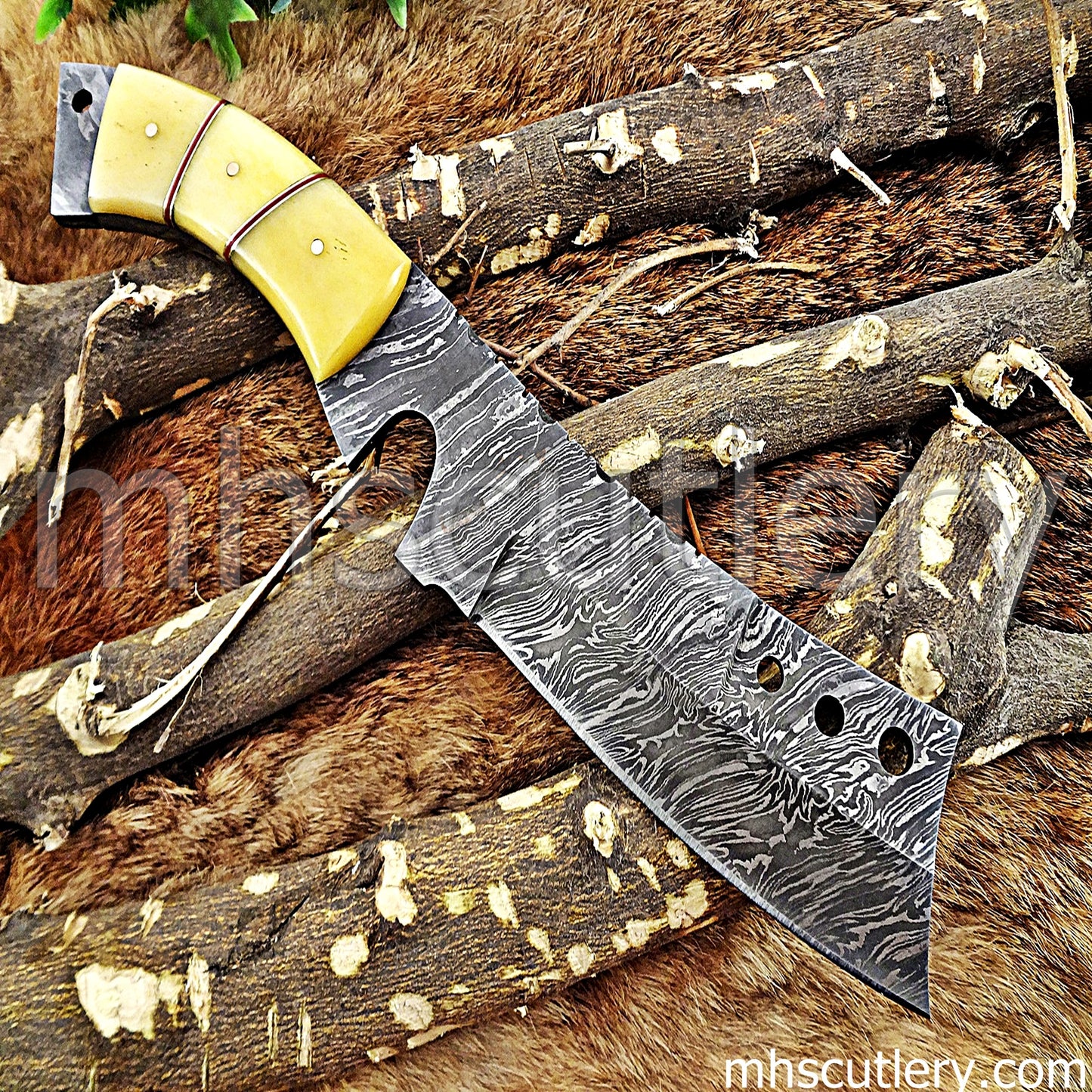 Damascus Steel Hunter Tanto Machete Knife / Bone Handle | mhscutlery