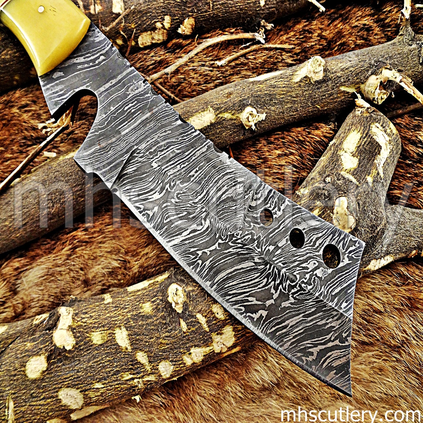 Damascus Steel Hunter Tanto Machete Knife / Bone Handle | mhscutlery
