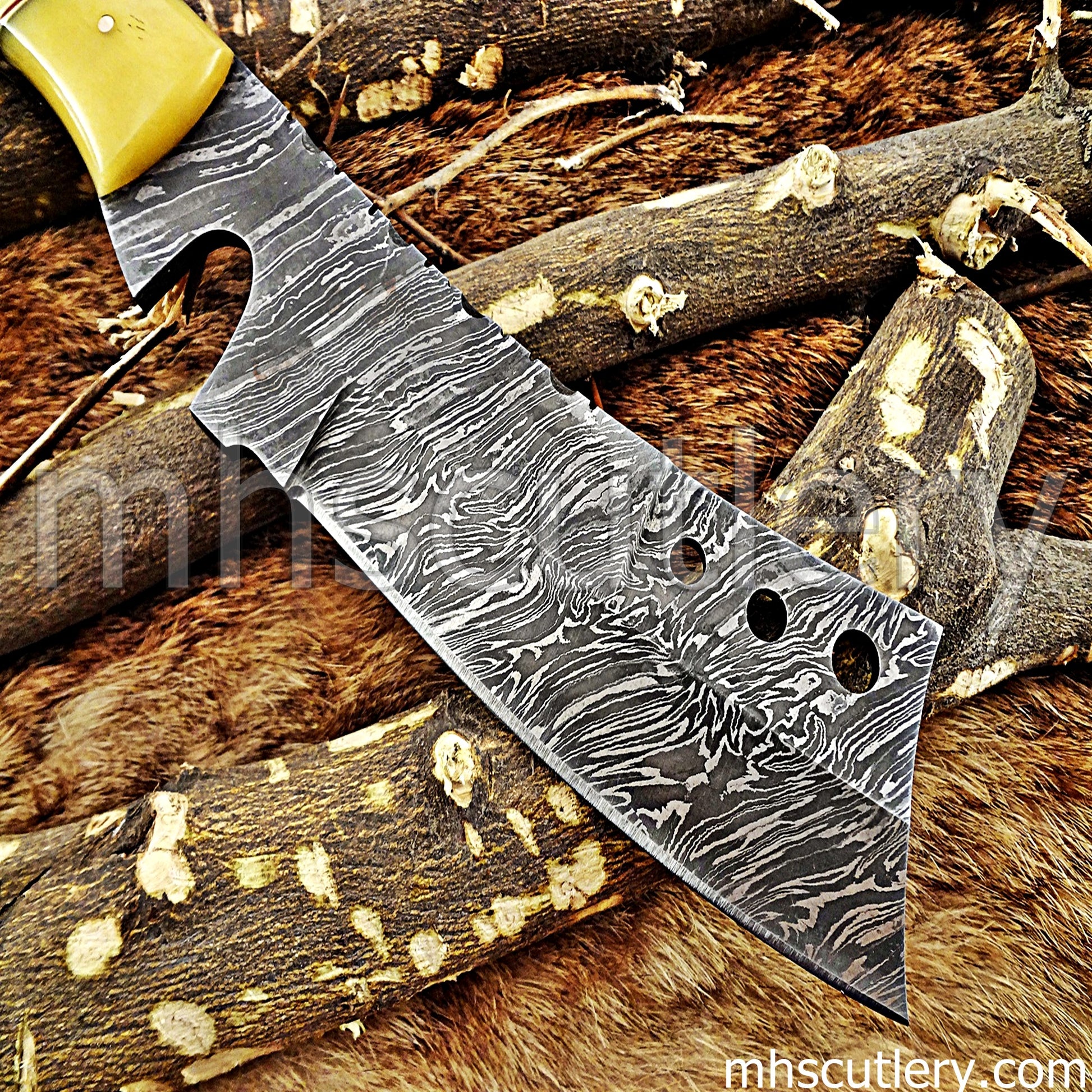 Damascus Steel Hunter Tanto Machete Knife / Bone Handle | mhscutlery