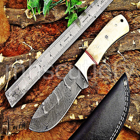 Damascus Steel Fancy Bone Hunter Knife | mhscutlery
