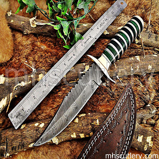 Custom Made Damascus Steel Hunter Bowie Knife | mhscutlery