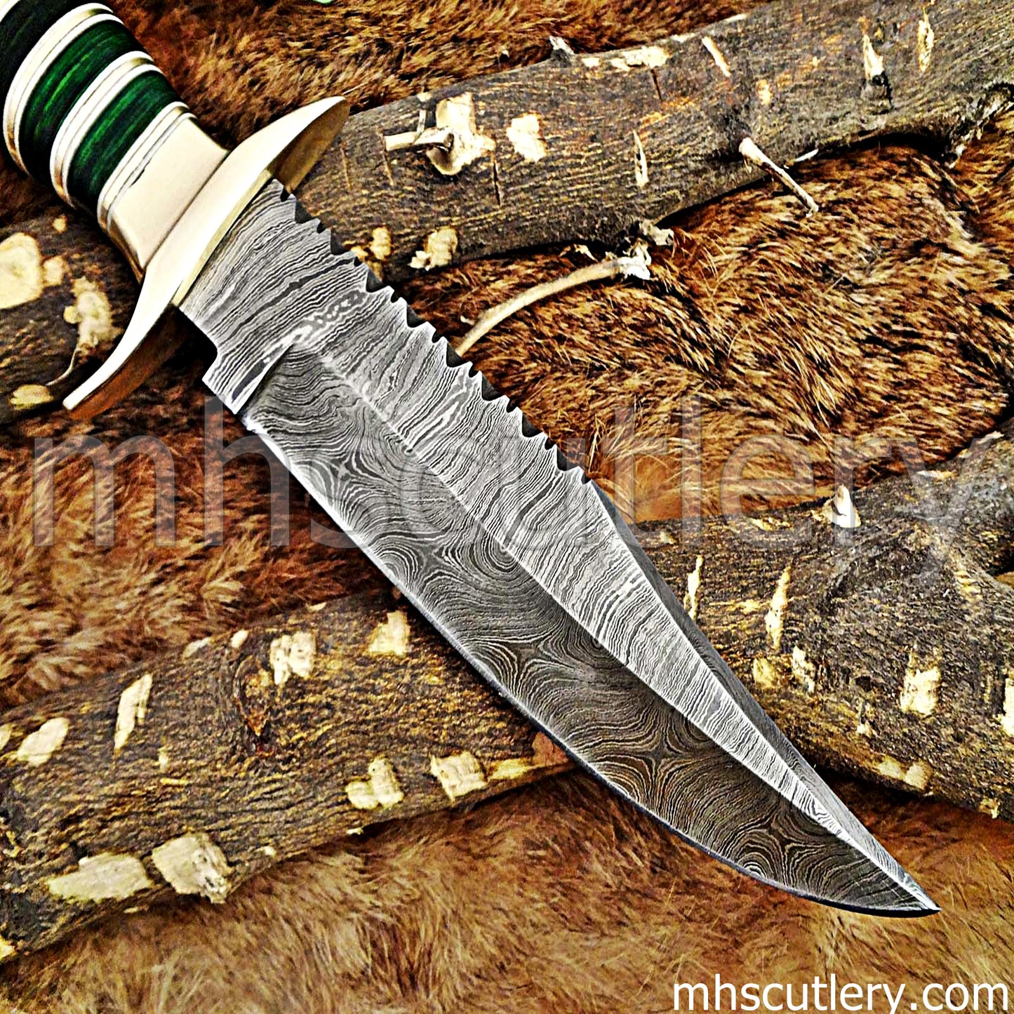 Custom Made Damascus Steel Hunter Bowie Knife | mhscutlery