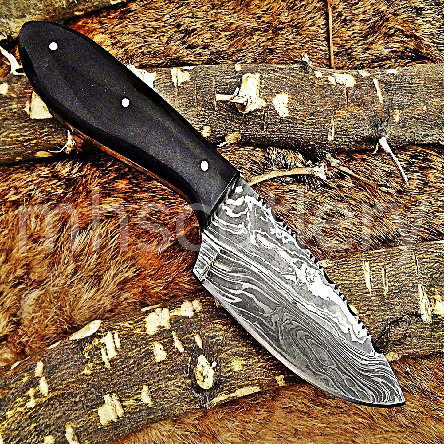 Damascus Steel Mini Skinner / Bull Horn Handle | mhscutlery