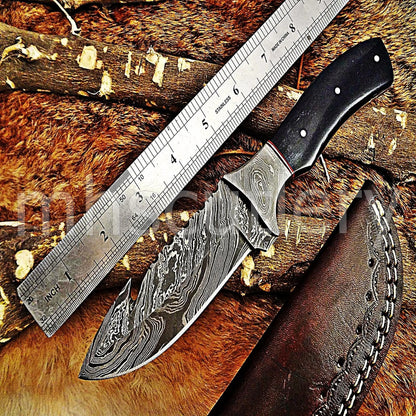 Damascus Steel Bull Horn Gut Hook | mhscutlery