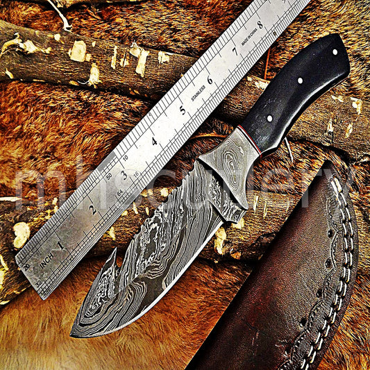 Damascus Steel Bull Horn Gut Hook | mhscutlery