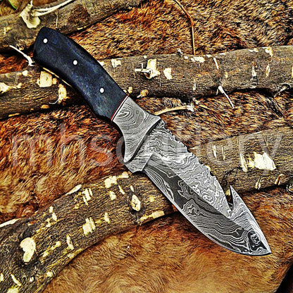 Damascus Steel Bull Horn Gut Hook | mhscutlery