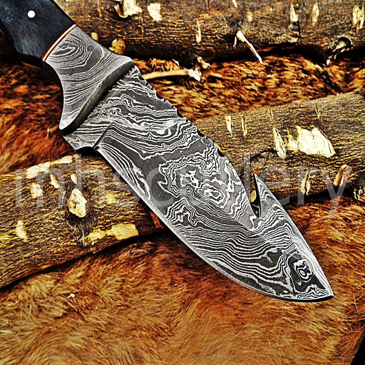 Damascus Steel Bull Horn Gut Hook | mhscutlery