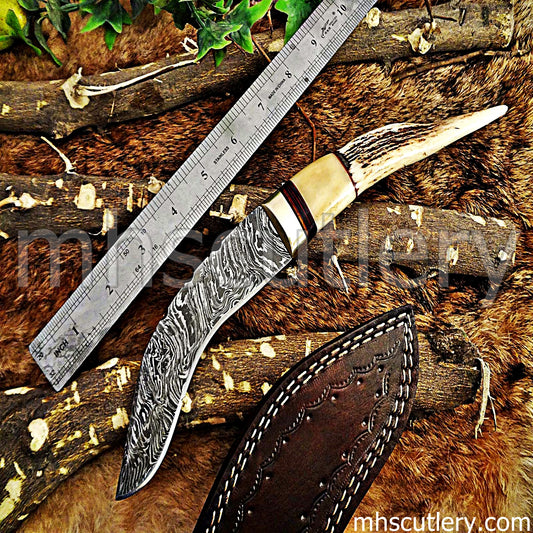Handmade Damascus Steel Hunting Kukri With Antler Handle | mhscutlery