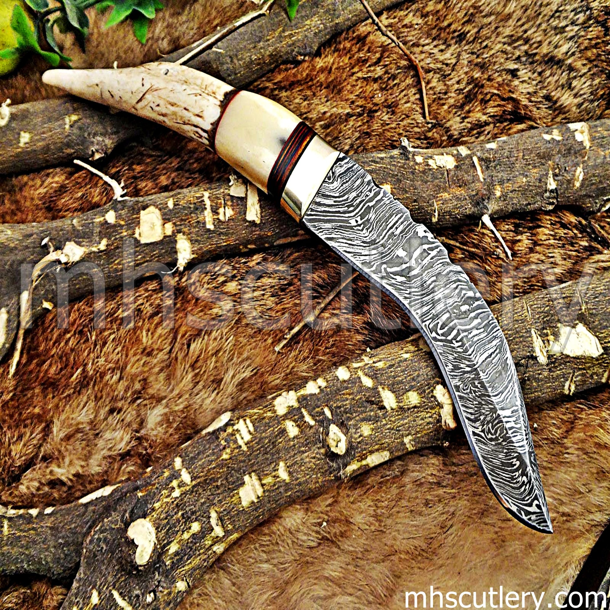 Handmade Damascus Steel Hunting Kukri With Antler Handle | mhscutlery