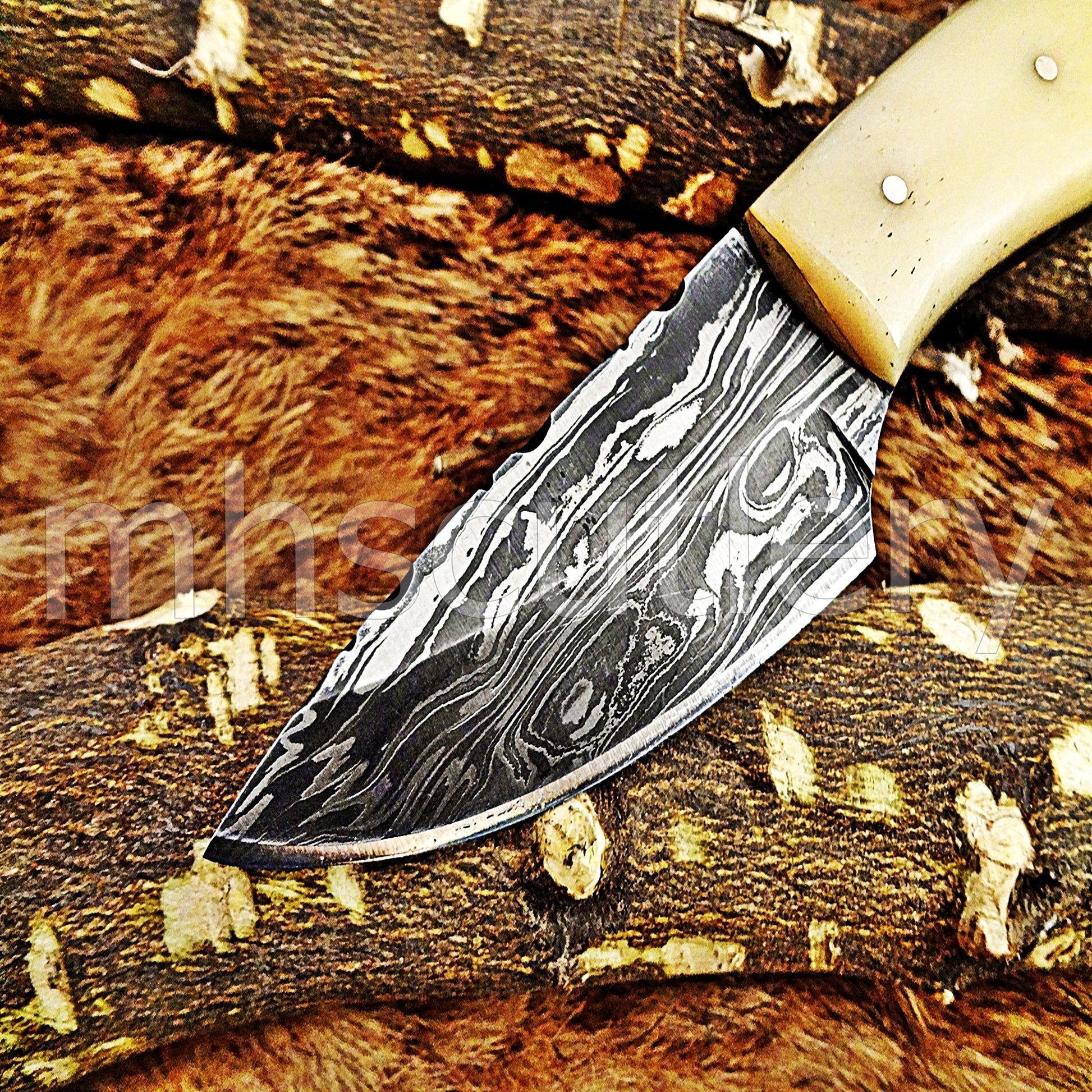 Damascus Steel Mini Fixed Blade Skinner / Bone Handle | mhscutlery
