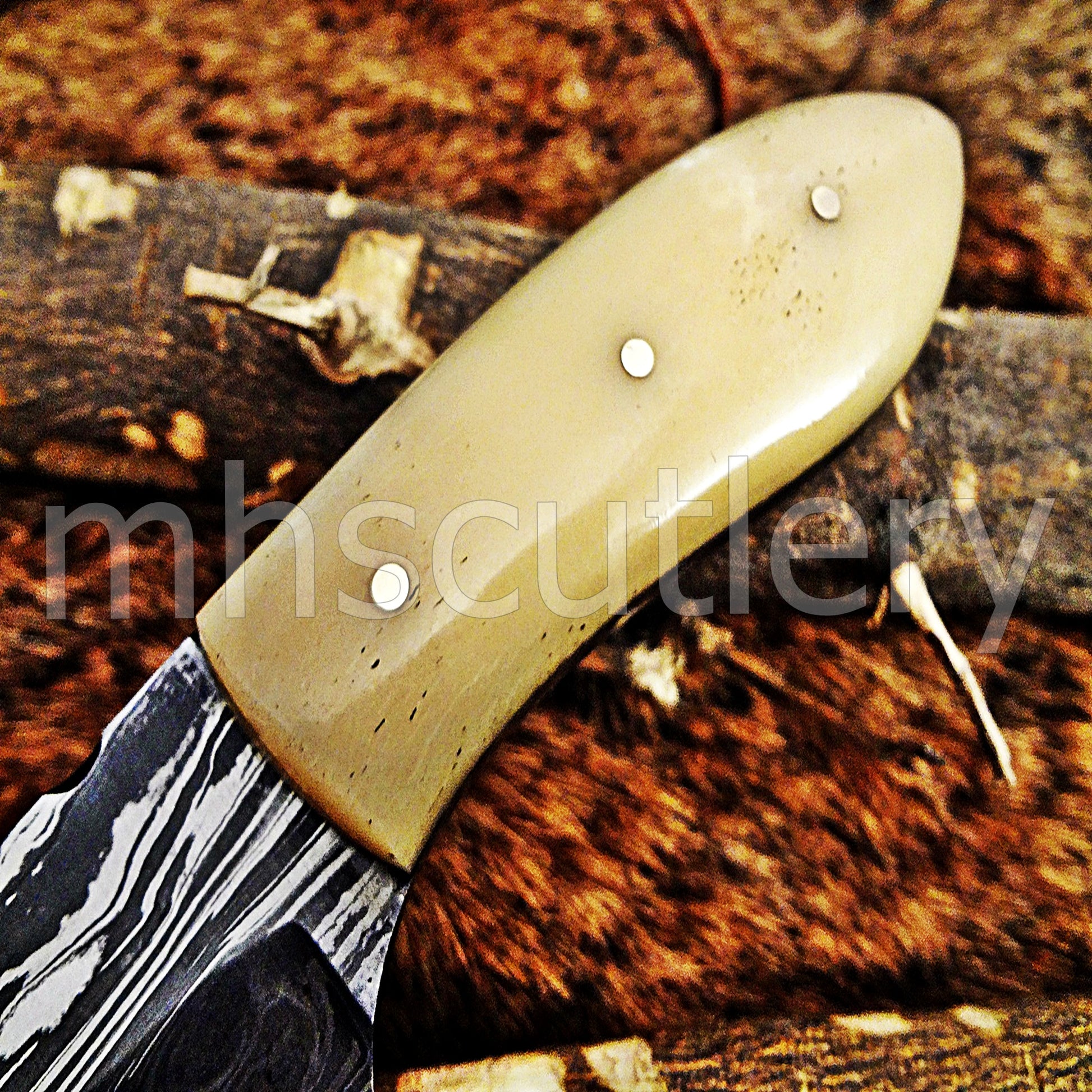 Damascus Steel Mini Fixed Blade Skinner / Bone Handle | mhscutlery