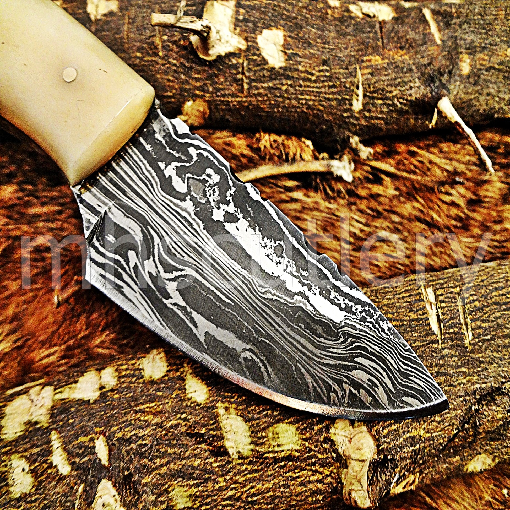 Damascus Steel Mini Fixed Blade Skinner / Bone Handle | mhscutlery