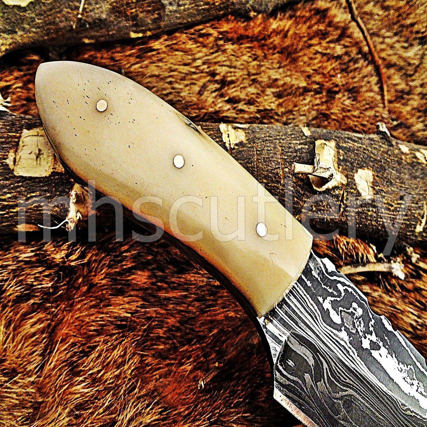 Damascus Steel Mini Fixed Blade Skinner / Bone Handle | mhscutlery