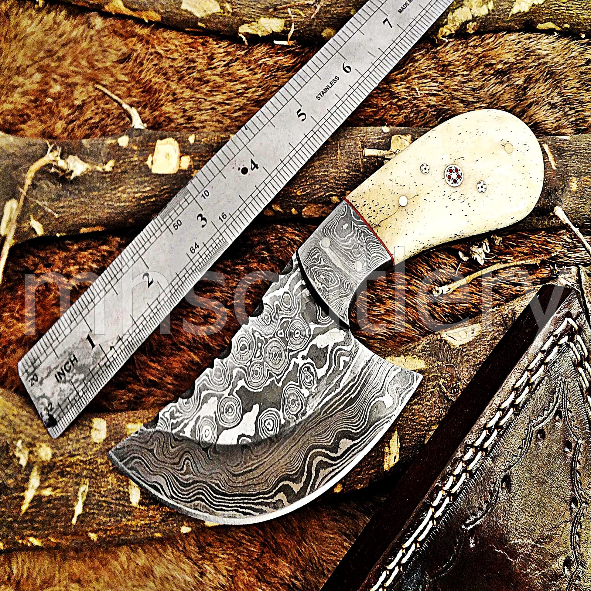 Hand Forged Raindrop Damascus Steel Pizza Knife | mhscutlery