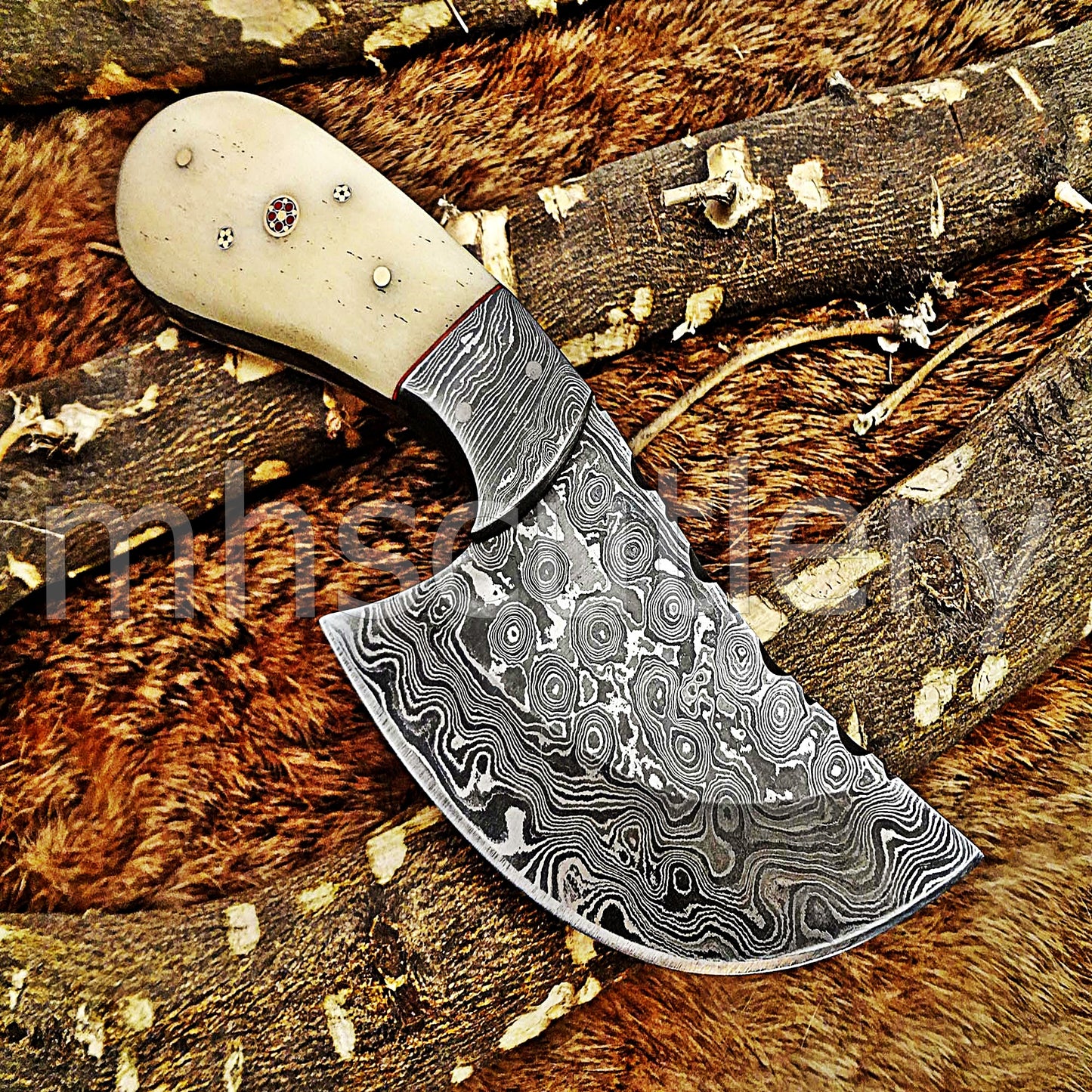 Hand Forged Raindrop Damascus Steel Pizza Knife | mhscutlery