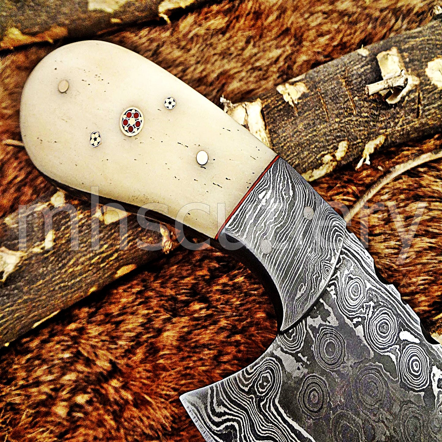Hand Forged Raindrop Damascus Steel Pizza Knife | mhscutlery
