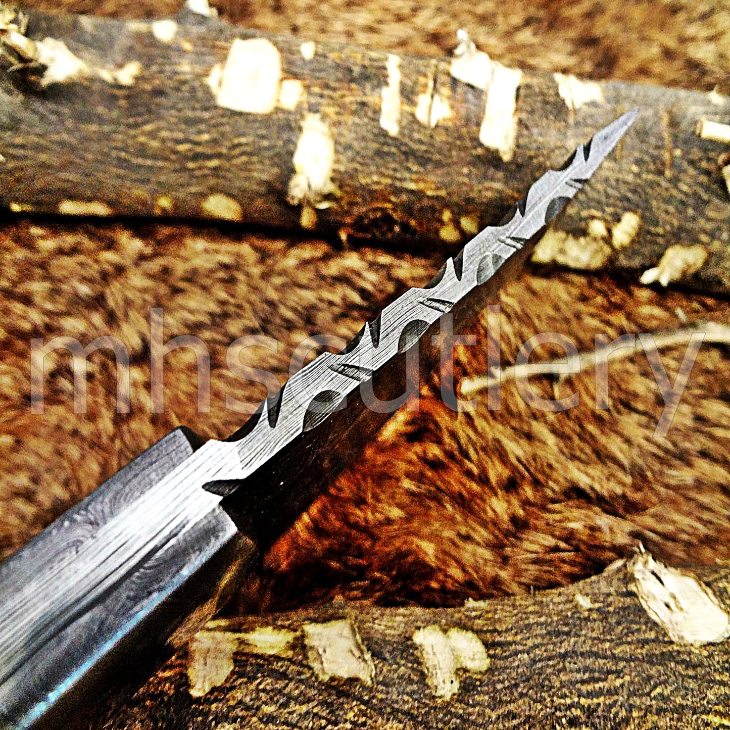 Hand Forged Raindrop Damascus Steel Pizza Knife | mhscutlery