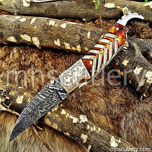 Handmade Damascus Steel Antique Folding Knife / Bone Handle | mhscutlery