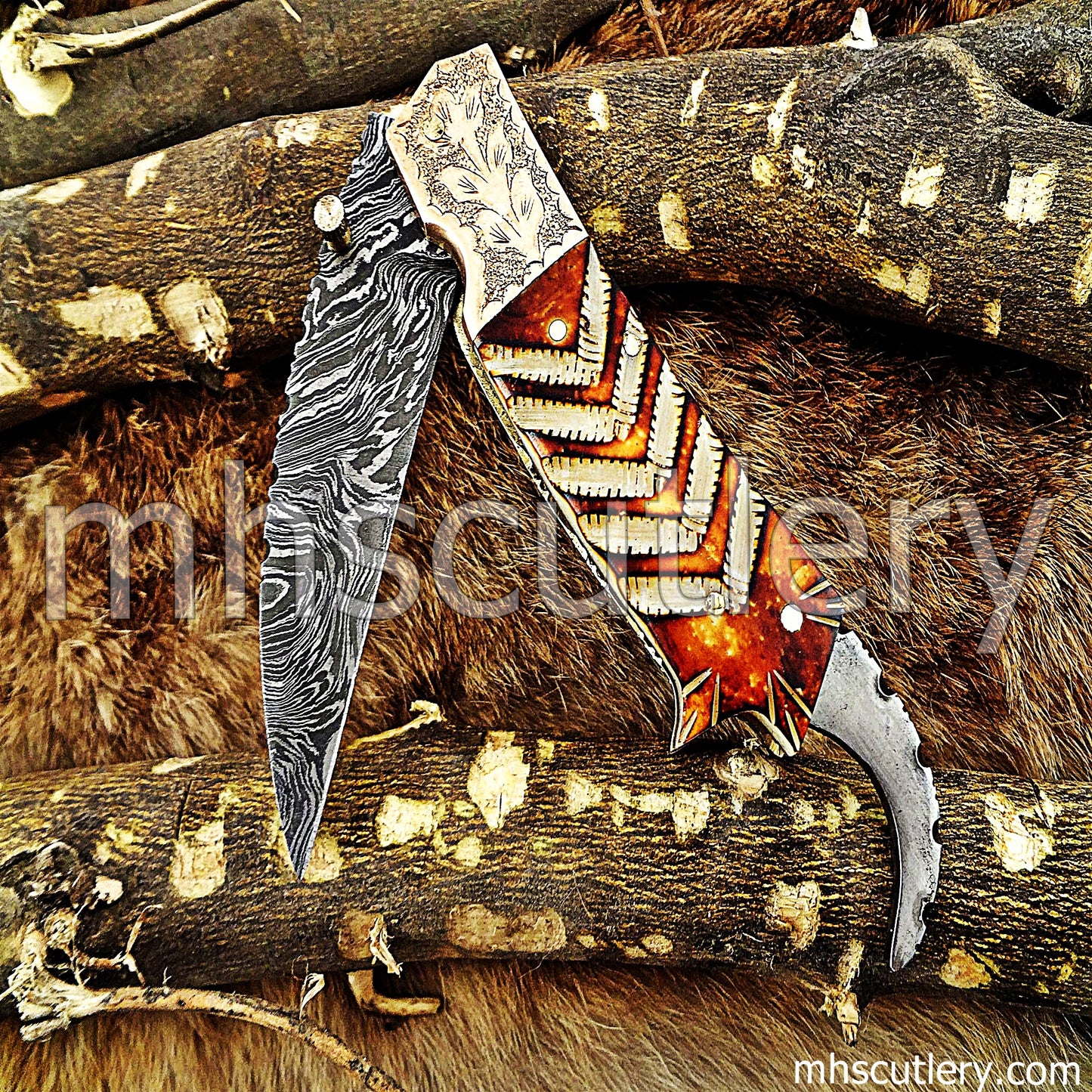 Handmade Damascus Steel Antique Folding Knife / Bone Handle | mhscutlery