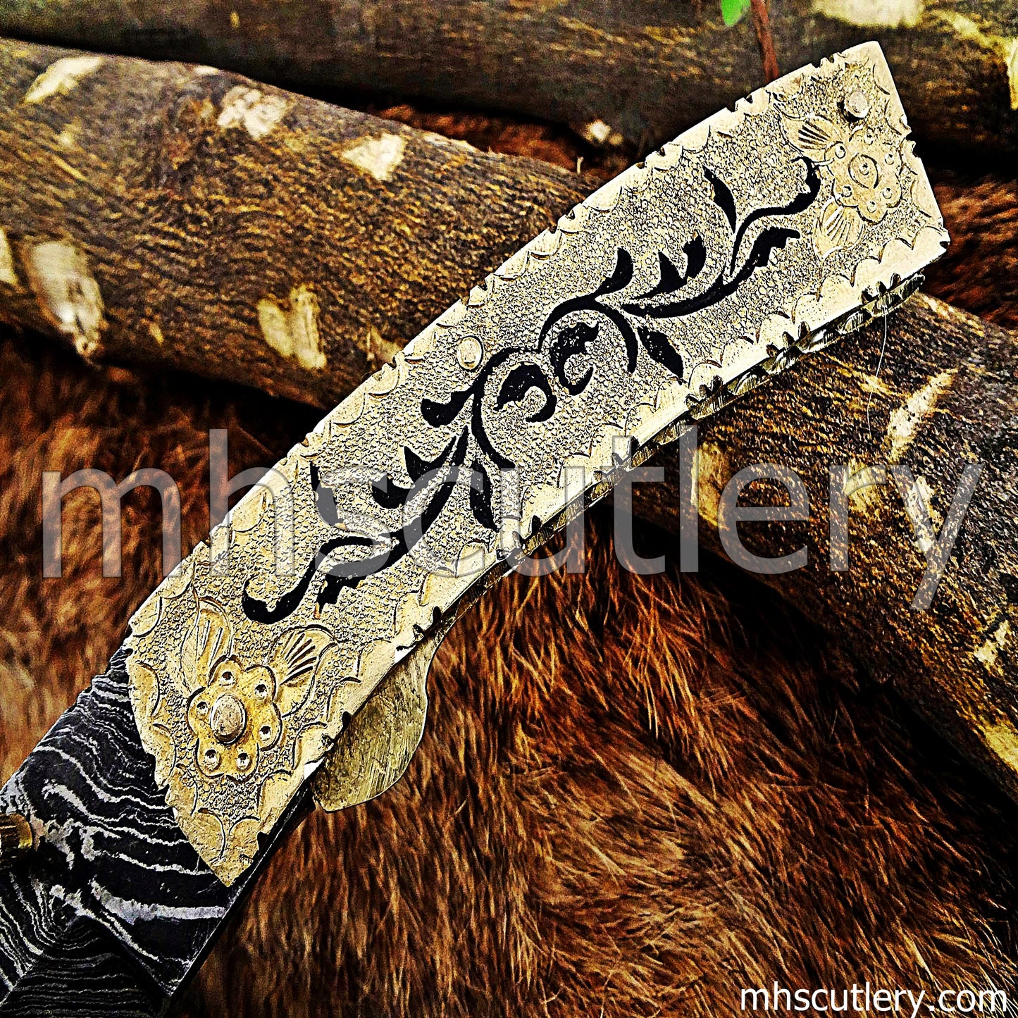 Hand Engraved Damascus Steel Pocket Knife / Engraved Brass | mhscutlery