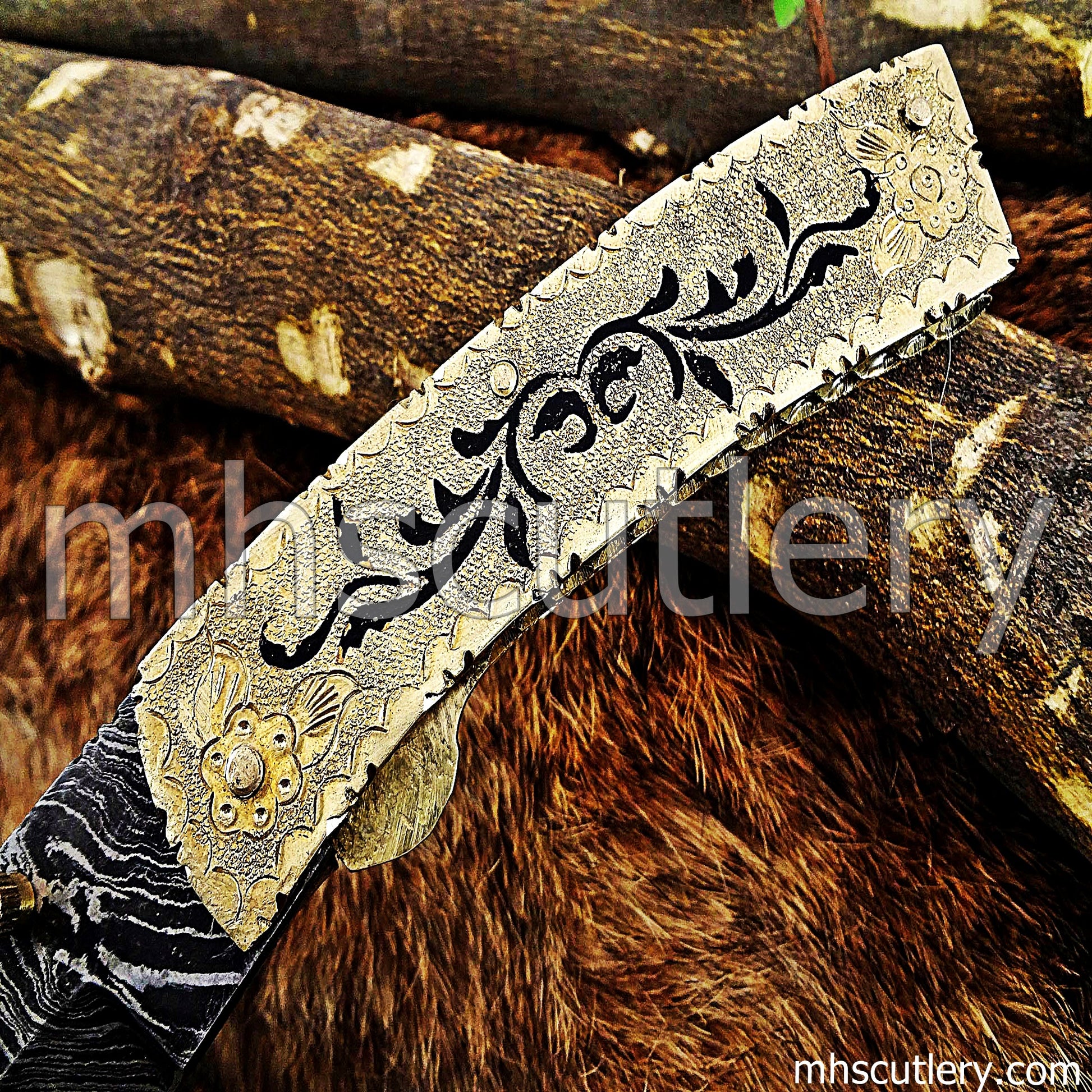 Hand Engraved Damascus Steel Pocket Knife / Engraved Brass | mhscutlery