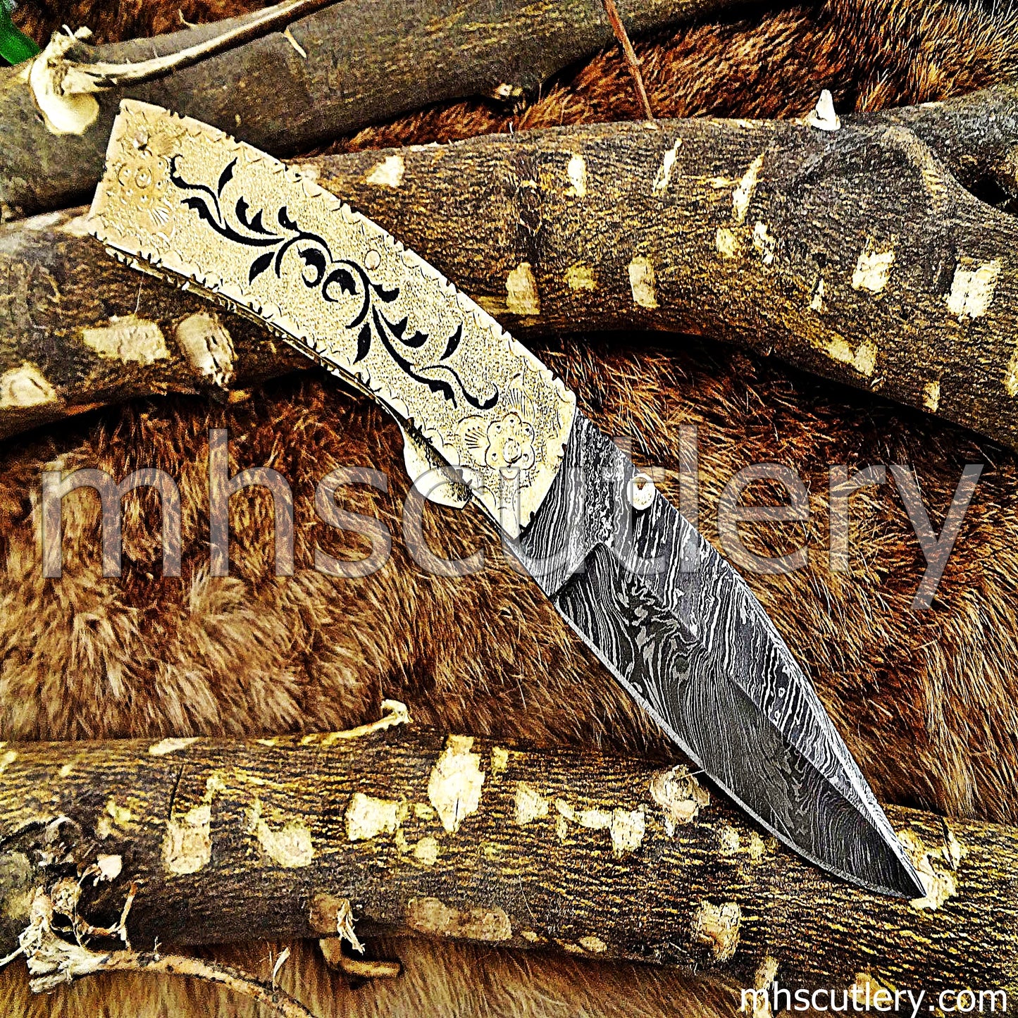 Hand Engraved Damascus Steel Pocket Knife / Engraved Brass | mhscutlery