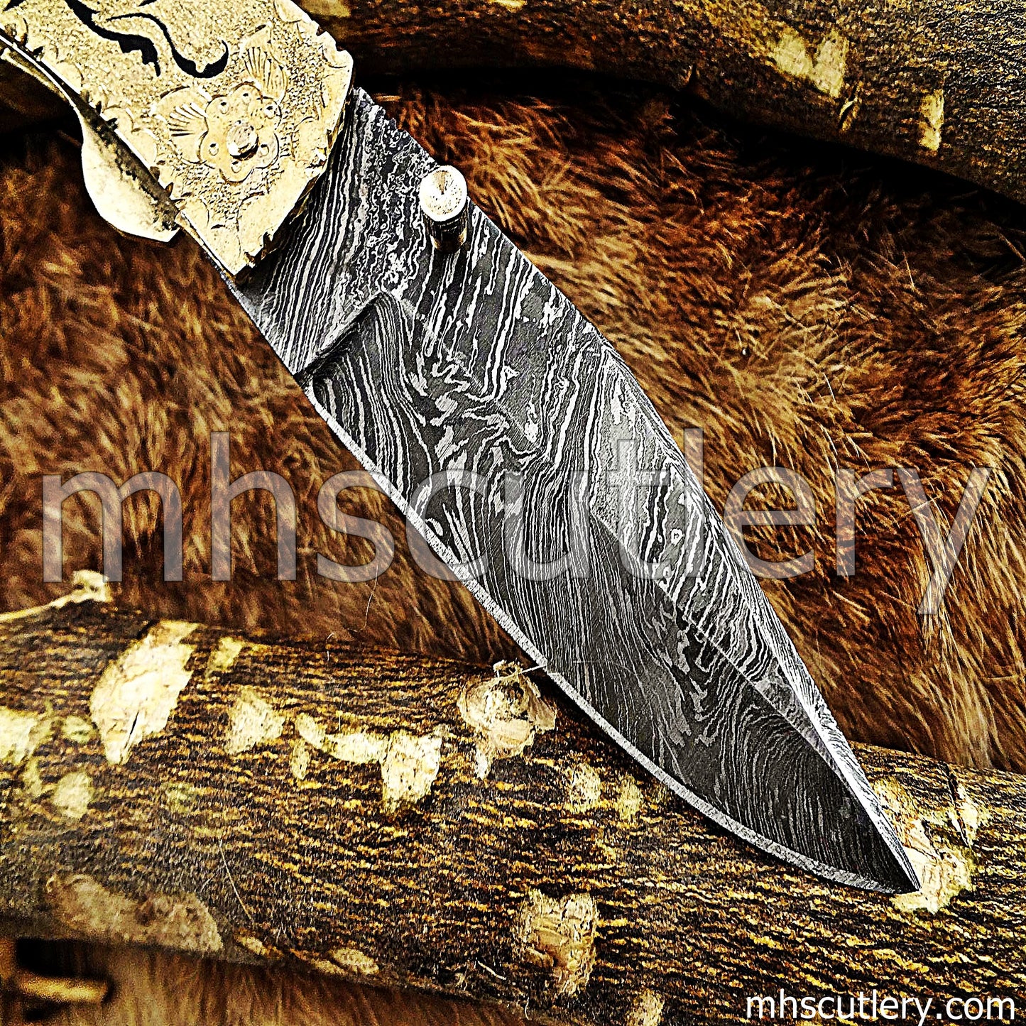 Hand Engraved Damascus Steel Pocket Knife / Engraved Brass | mhscutlery