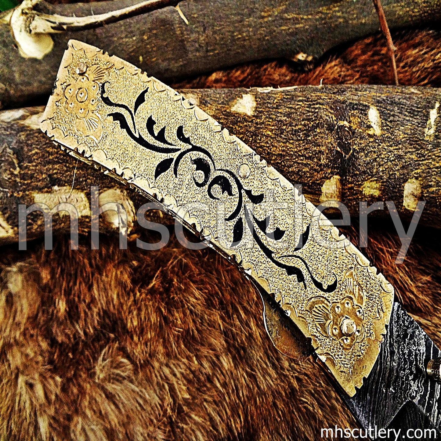 Hand Engraved Damascus Steel Pocket Knife / Engraved Brass | mhscutlery