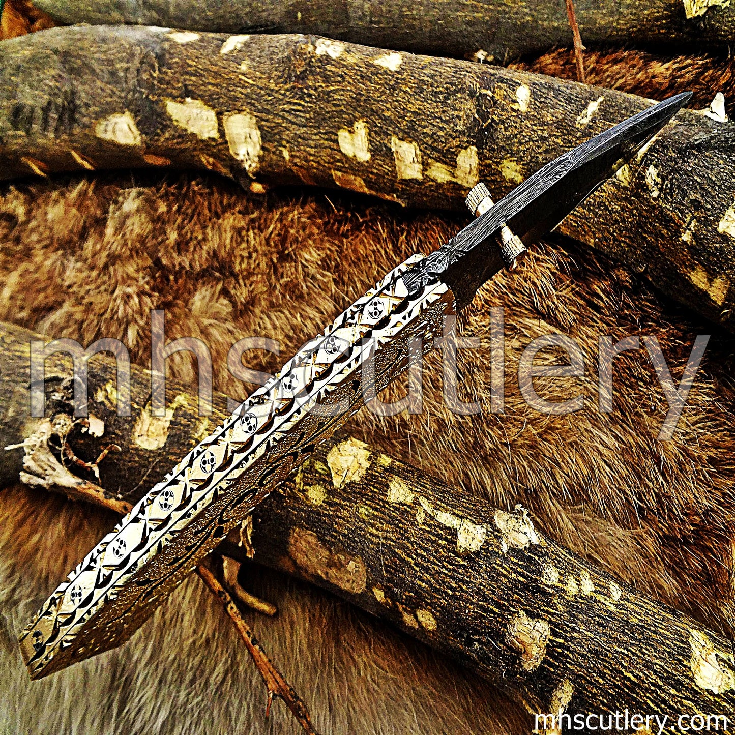 Hand Engraved Damascus Steel Pocket Knife / Engraved Brass | mhscutlery