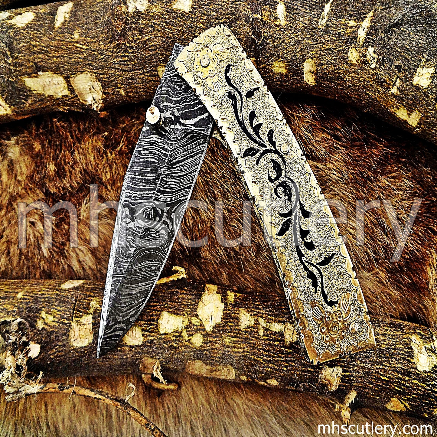 Hand Engraved Damascus Steel Pocket Knife / Engraved Brass | mhscutlery