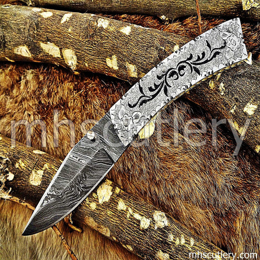 Custom Hand Engraved Damascus Steel Folder Knife / Silver Handle | mhscutlery