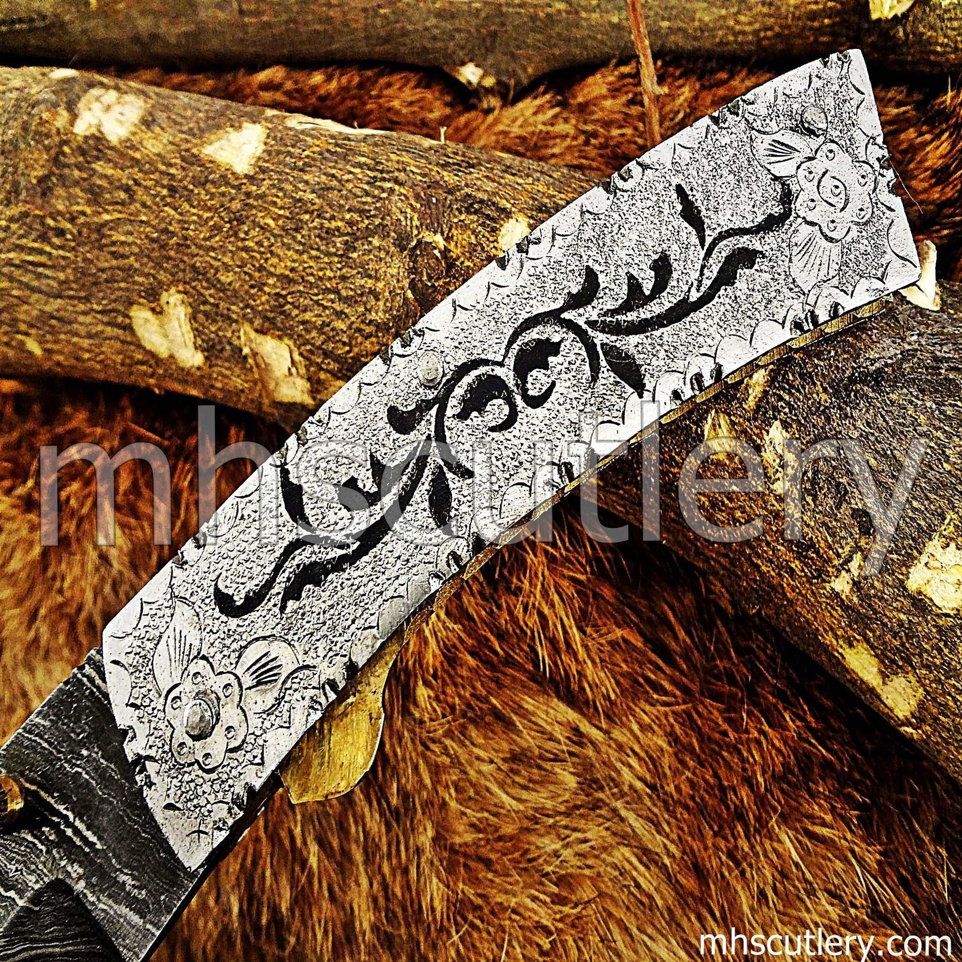 Custom Hand Engraved Damascus Steel Folder Knife / Silver Handle | mhscutlery