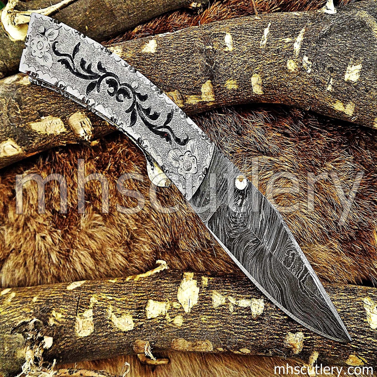 Custom Hand Engraved Damascus Steel Folder Knife / Silver Handle | mhscutlery