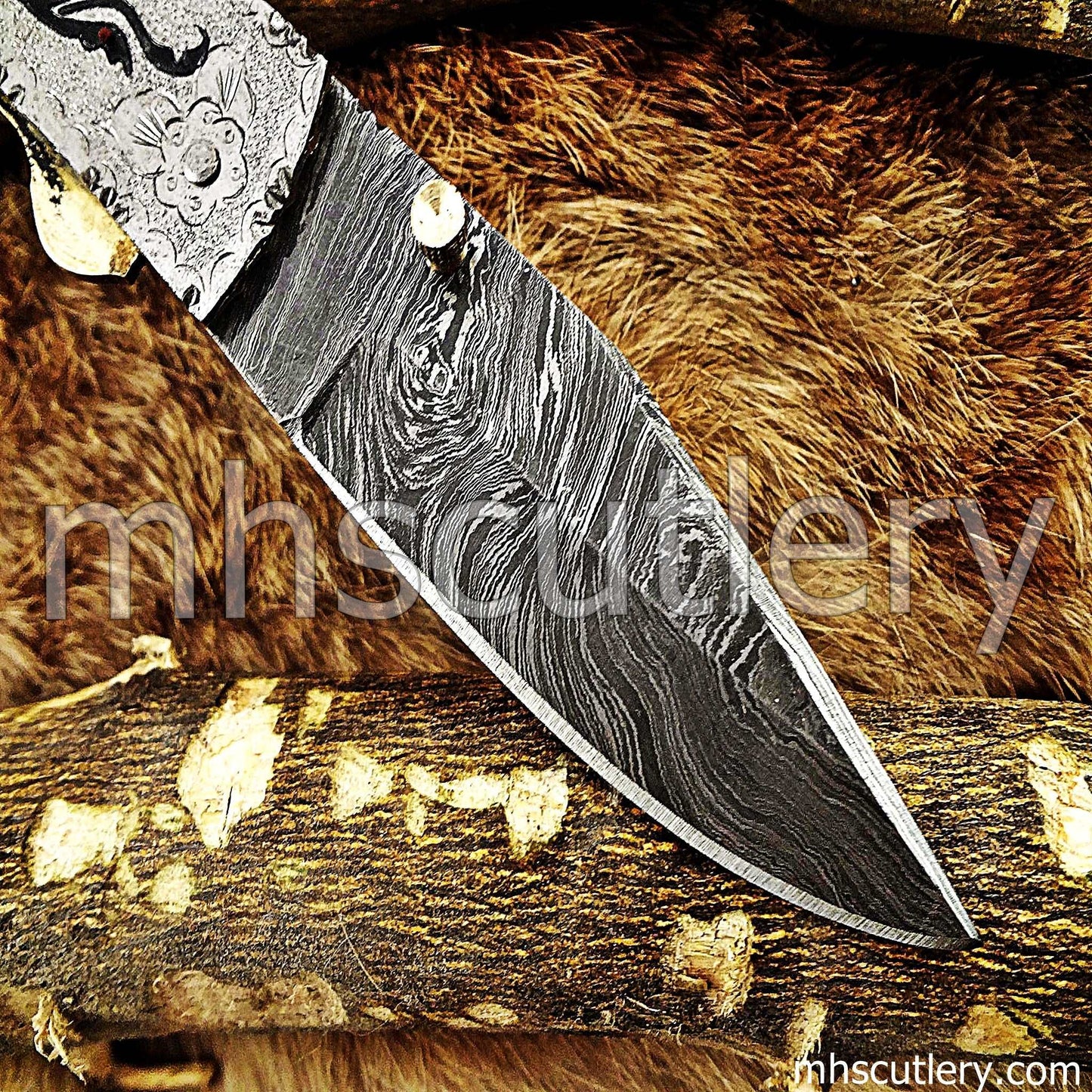 Custom Hand Engraved Damascus Steel Folder Knife / Silver Handle | mhscutlery