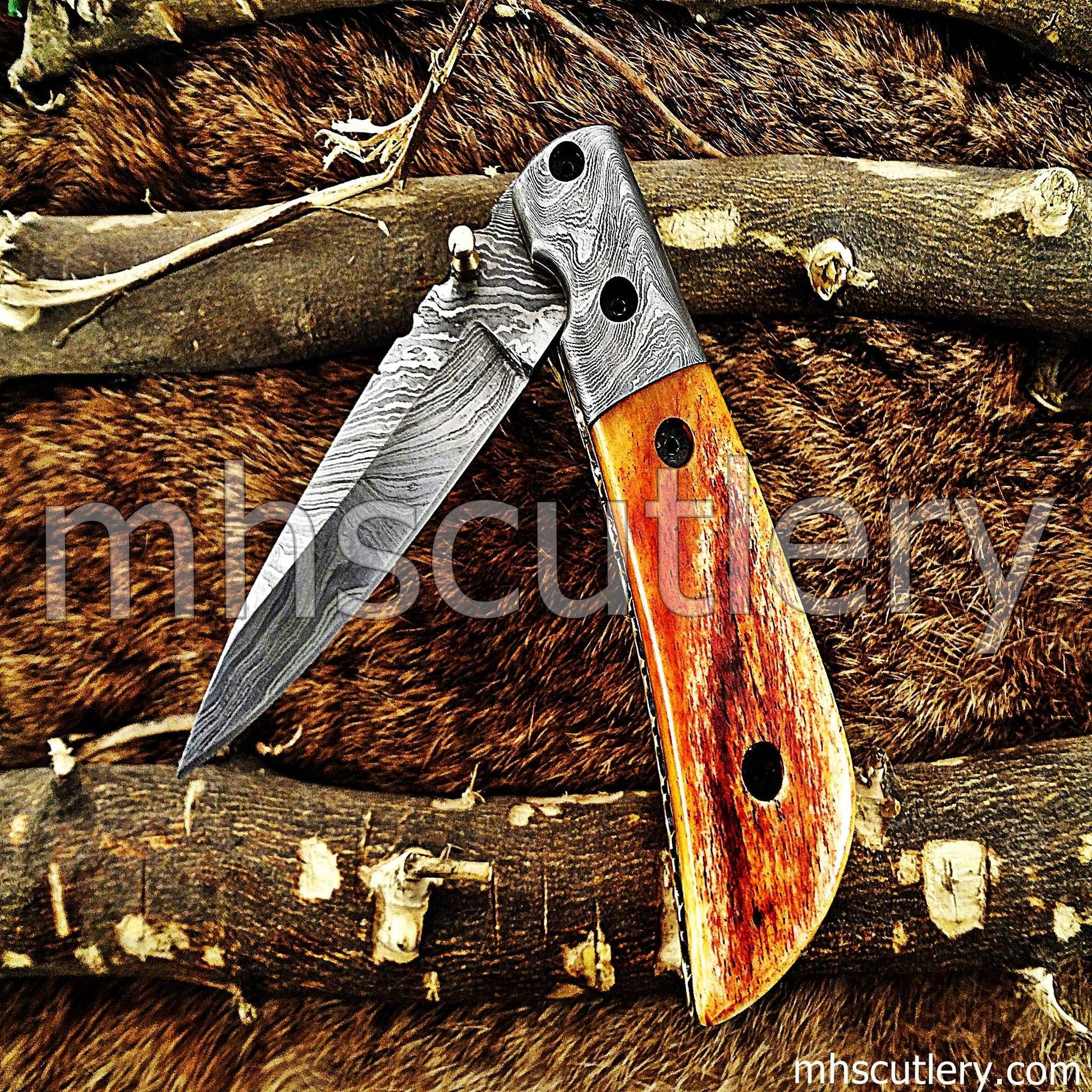 Custom Hand Forged Damascus Steel Folding Pocket Knife | mhscutlery