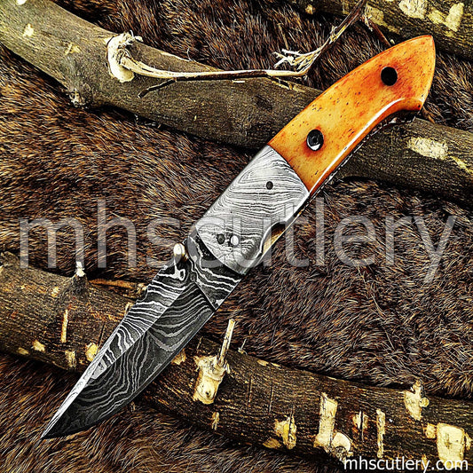 Custom Hand Forged Damascus Steel Folding Pocket Knife | mhscutlery