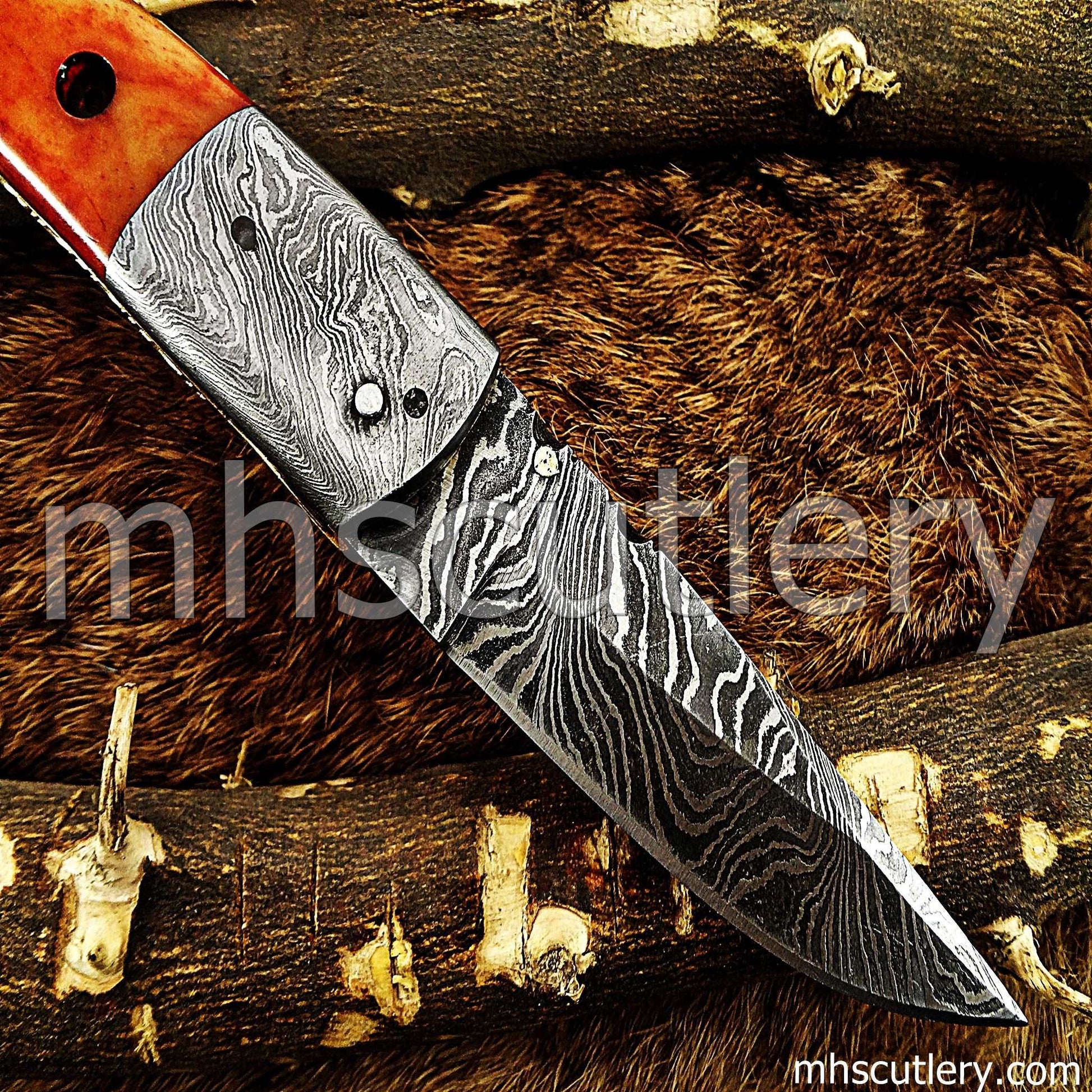 Custom Hand Forged Damascus Steel Folding Pocket Knife | mhscutlery