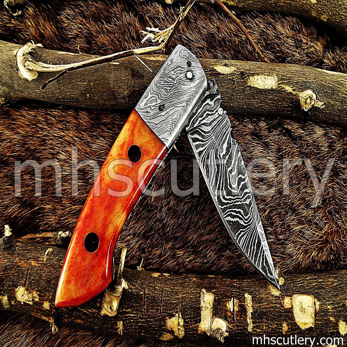 Custom Hand Forged Damascus Steel Folding Pocket Knife | mhscutlery