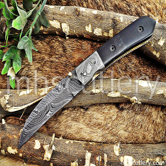 Damascus Steel Tactical Pocket Knife / Bull Horn Handle | mhscutlery