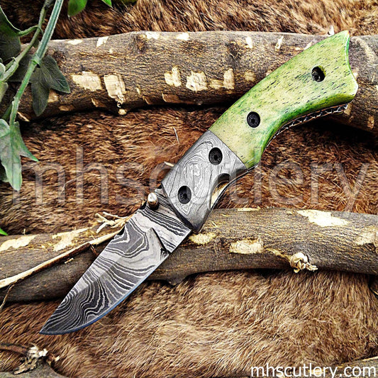 Custom Hand Forged Damascus Steel Folding Pocket Knife | mhscutlery