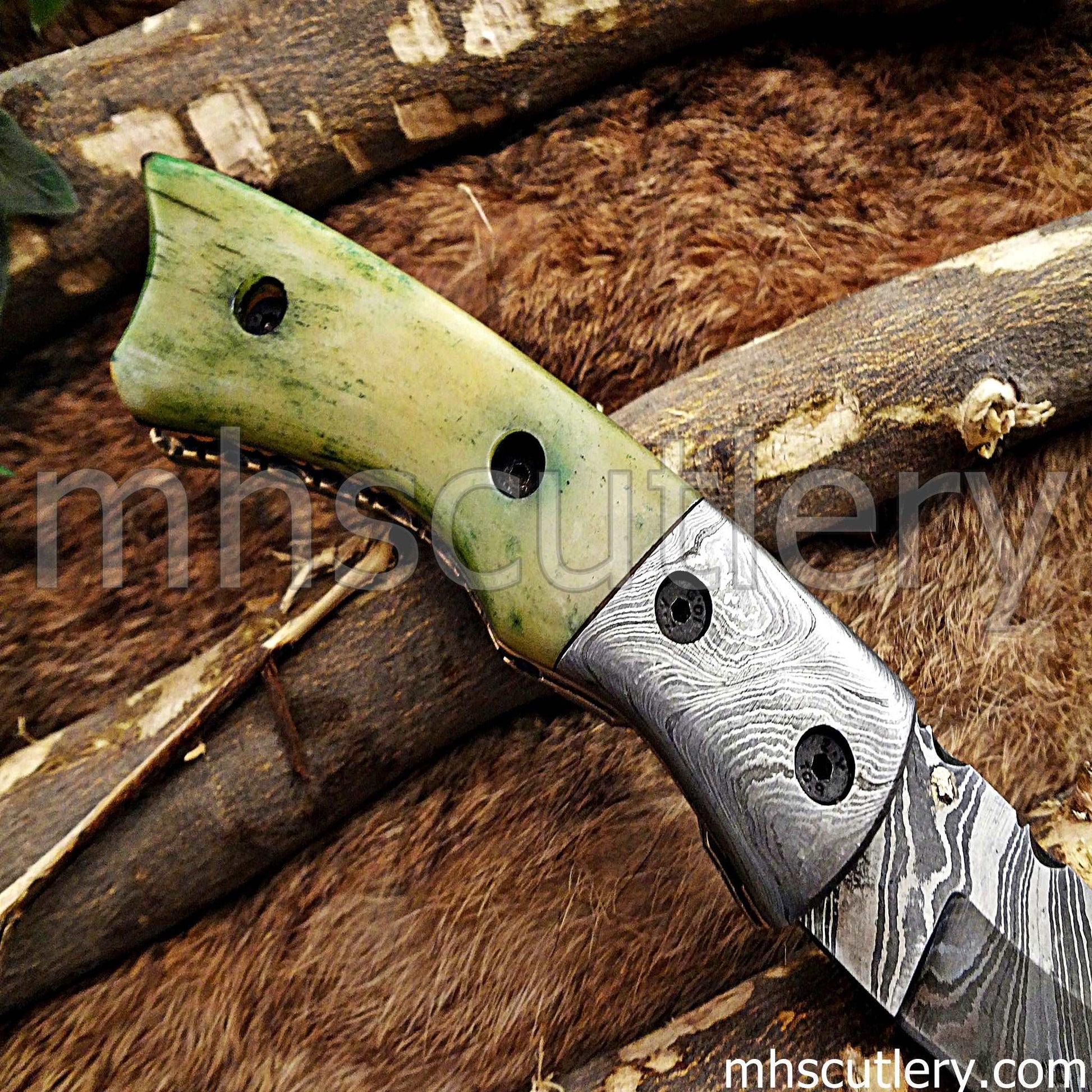 Custom Hand Forged Damascus Steel Folding Pocket Knife | mhscutlery