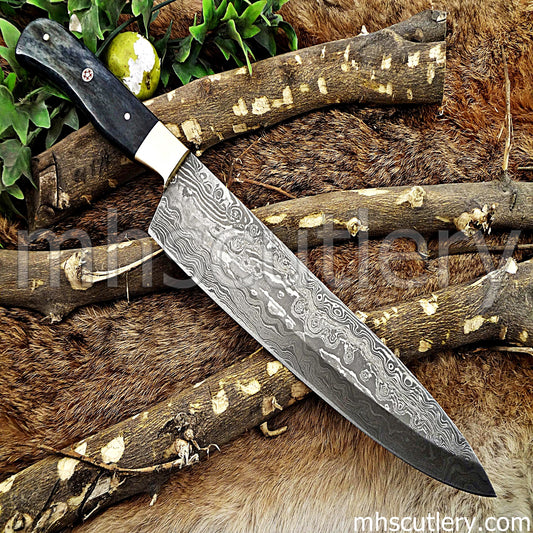 Raindrop Damascus Steel Chef Knife / Bone Handle | mhscutlery