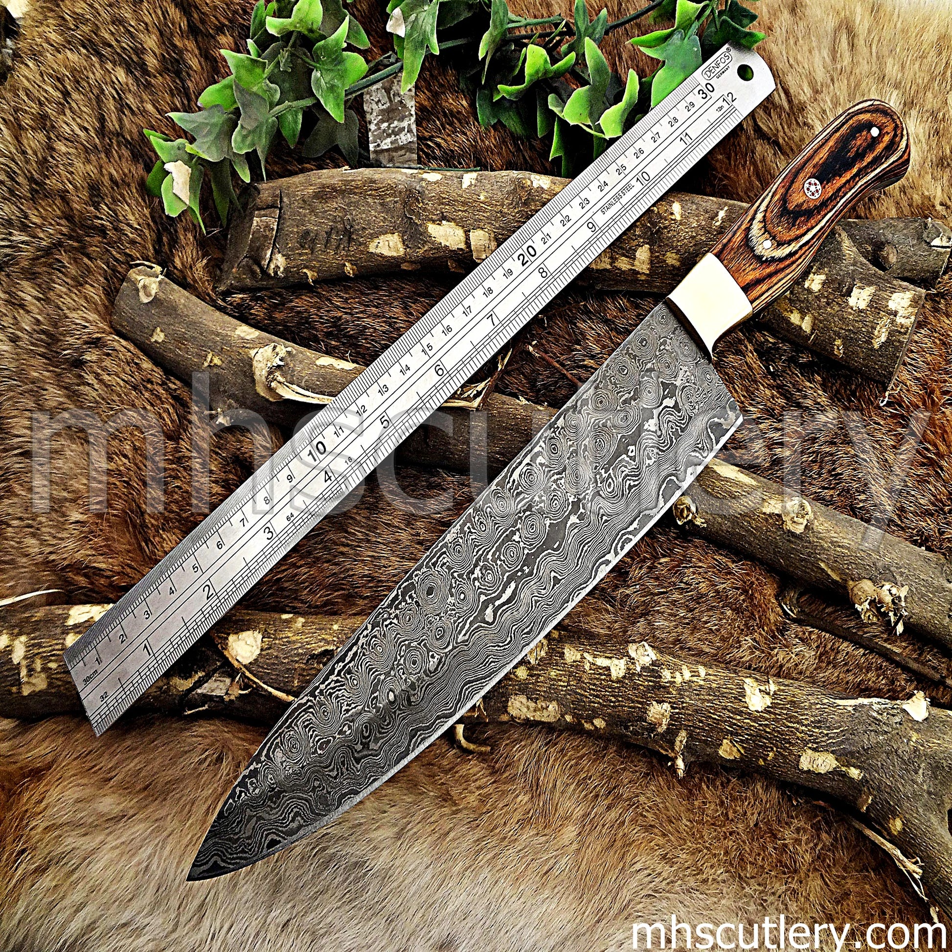 Handmade Raindrop Damascus Steel Kitchen Knife / Pakka Wood Handle | mhscutlery